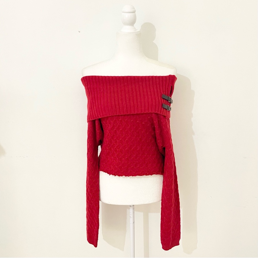 vintage red buckle foldover sweater